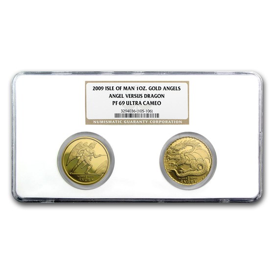 2009 Isle of Man 2-Coin 1 oz Gold Angel vs Dragon Set PF-69 NGC 2009 Isle of Man 2-Coin 1 oz Gold Angel vs Dragon Set PF-69 NGC