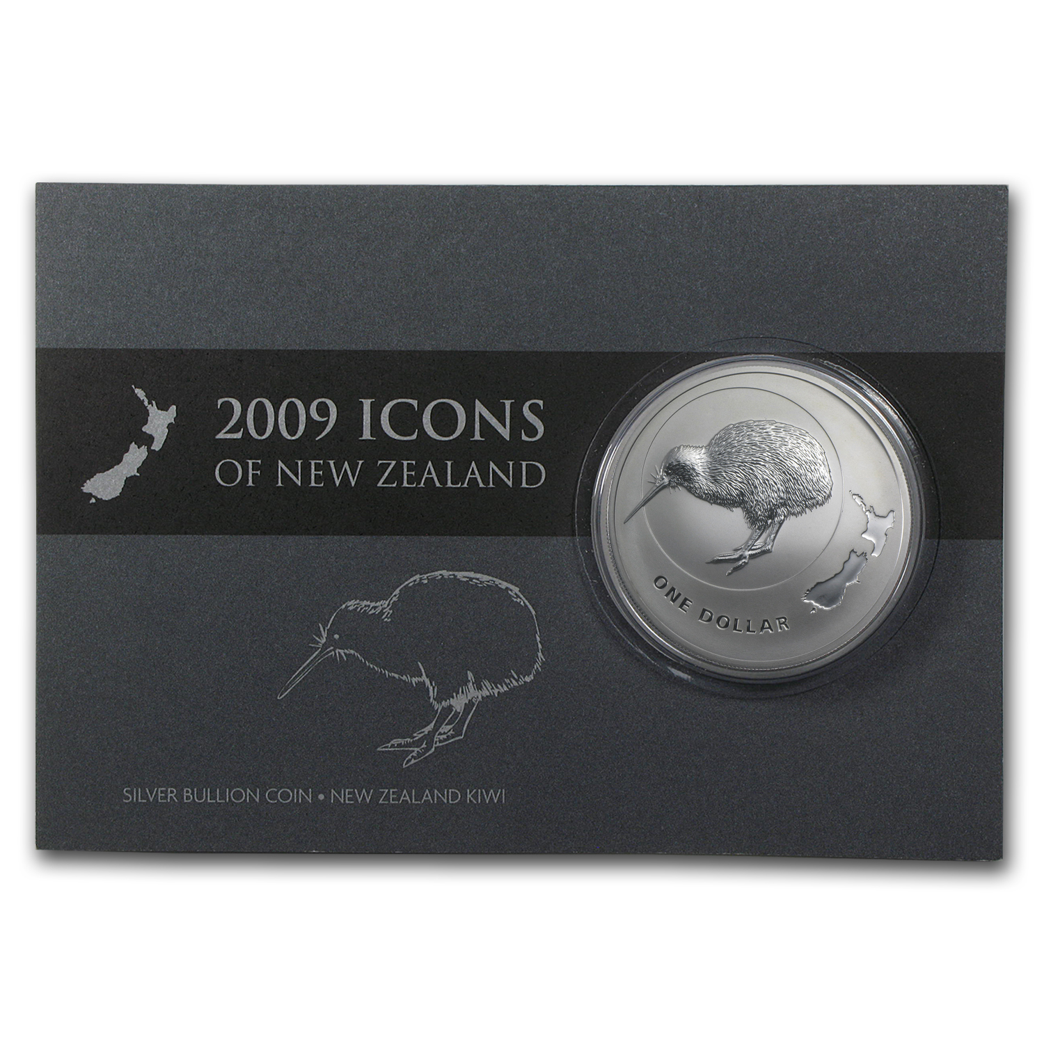 Buy 2009 New Zealand 1 oz Silver Icons $1 Kiwi & Map BU (w/Card