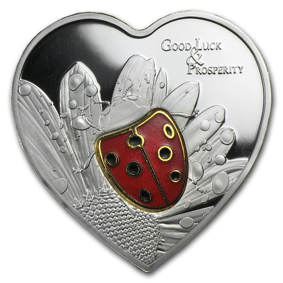 2009 Palau Silver $5 Good Luck & Prosperity Ladybug Heart Shape