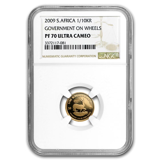 2009 S. Africa 1/10 oz Gold Krugerrand PF-70 NGC (Govt on Wheels) 2009 S. Africa 1/10 oz Gold Krugerrand PF-70 NGC (Govt on Wheels)