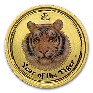 2010 Australia 1/10 oz Gold Lunar Tiger BU (SII, Colorized)
