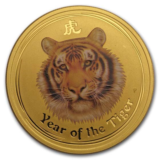2010 Australia 1 oz Gold Lunar Tiger BU (Series II, Colorized)