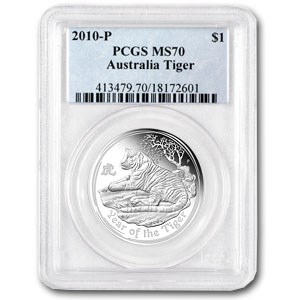 2010 Australia 1 oz Silver Tiger MS-70 PCGS (Series II)