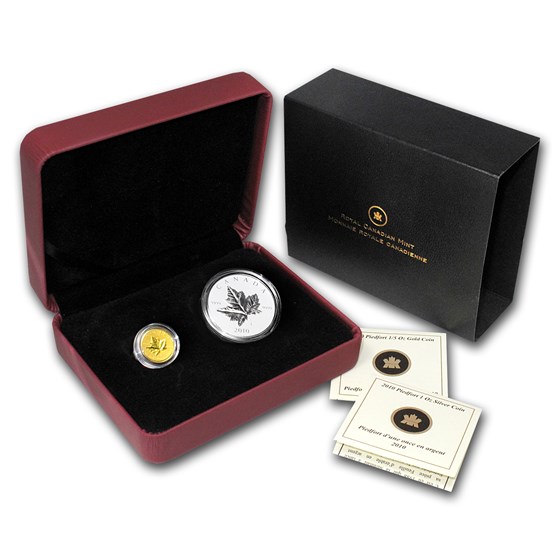 2010 Canada 1/5 oz Gold & 1 oz Silver Piedfort Maple Leaf Set 2010 Canada 1/5 oz Gold & 1 oz Silver Piedfort Maple Leaf Set