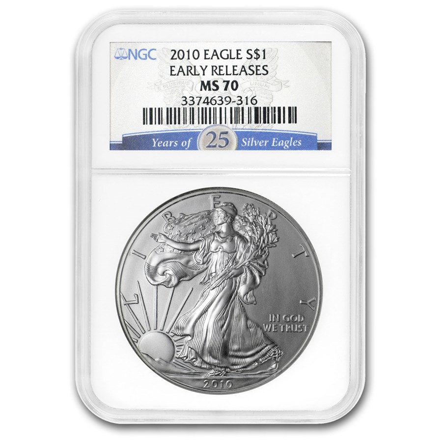 2010 Silver Eagle MS-70 NGC (ER, 25th Anniversary, Blue Label)