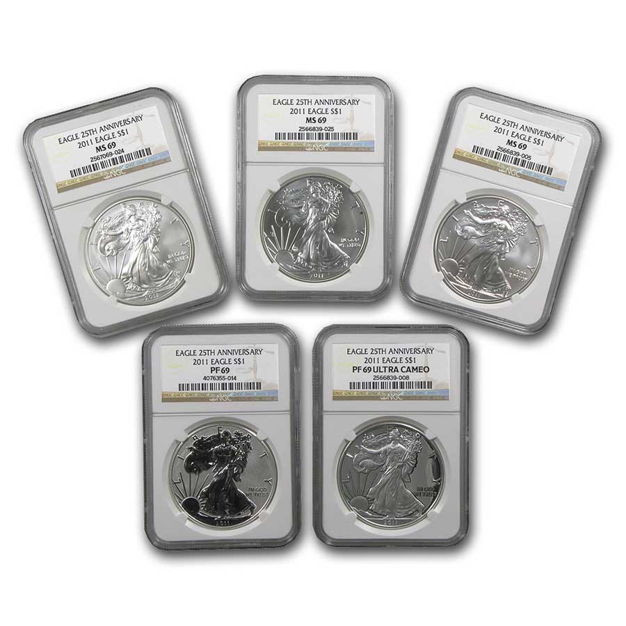 2011 5-Coin American Silver Eagle Set MS/PF-69 NGC (25th Ann)