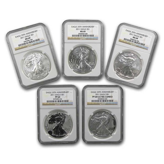 2011 5-Coin American Silver Eagle Set MS/PF-69 NGC (25th Ann) 2011 5-Coin American Silver Eagle Set MS/PF-69 NGC (25th Ann)