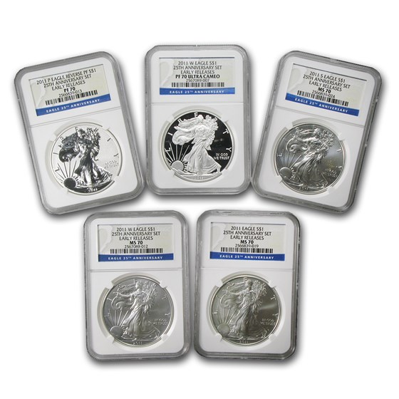 2011 5-Coin Silver Eagle Set MS/PF-70 NGC (ER, 25th Anniv) 2011 5-Coin Silver Eagle Set MS/PF-70 NGC (ER, 25th Anniv)