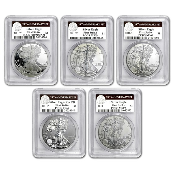 2011 5-Coin Silver Eagle Set MS/PR-69 PCGS (FS, 25th Ann. Label)