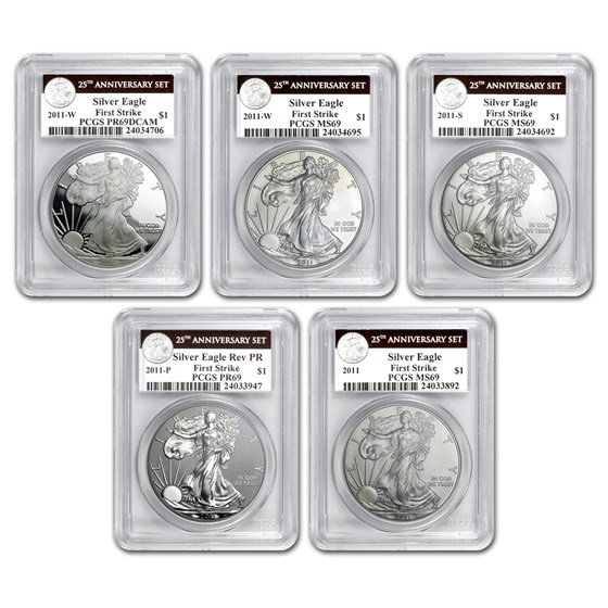 2011 5-Coin Silver Eagle Set MS/PR-69 PCGS (FS, 25th Ann. Label) 2011 5-Coin Silver Eagle Set MS/PR-69 PCGS (FS, 25th Ann. Label)