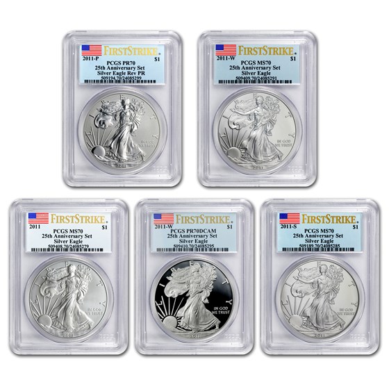 2011 5-Coin Silver Eagle Set MS/PR-70 PCGS (FS, 25th Anniv) 2011 5-Coin Silver Eagle Set MS/PR-70 PCGS (FS, 25th Anniv)