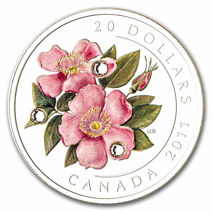 2011 Canada 1 oz Silver $20 Wild Rose Flower Crystal Dewdrops