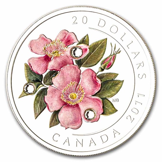 2011 Canada 1 oz Silver $20 Wild Rose Flower Crystal Dewdrops 2011 Canada 1 oz Silver $20 Wild Rose Flower Crystal Dewdrops
