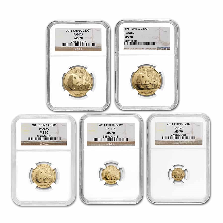 2011 China 5-Coin Gold Panda Set MS-70 NGC