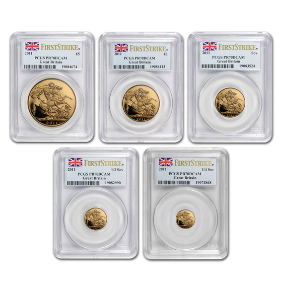 2011 Great Britain 5-Coin Gold Sovereign Set PR-70 PCGS 2011 Great Britain 5-Coin Gold Sovereign Set PR-70 PCGS