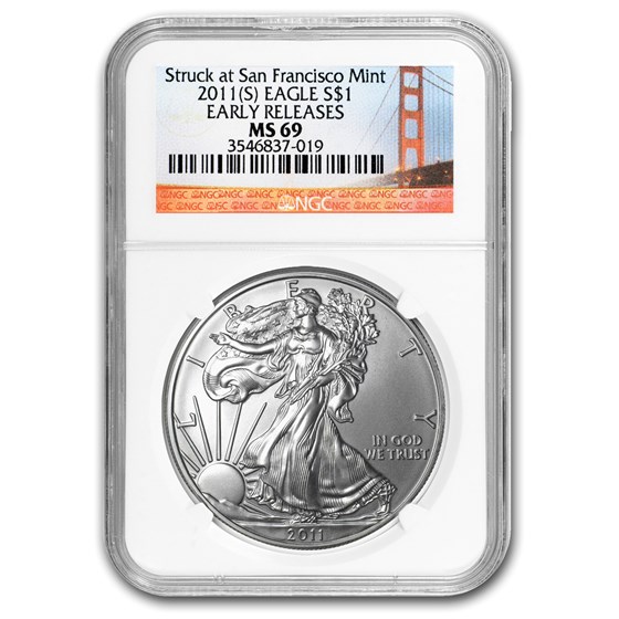 2011 (S) Silver Eagle MS-69 NGC (ER, Golden Gate Bridge Label) 2011 (S) Silver Eagle MS-69 NGC (ER, Golden Gate Bridge Label)