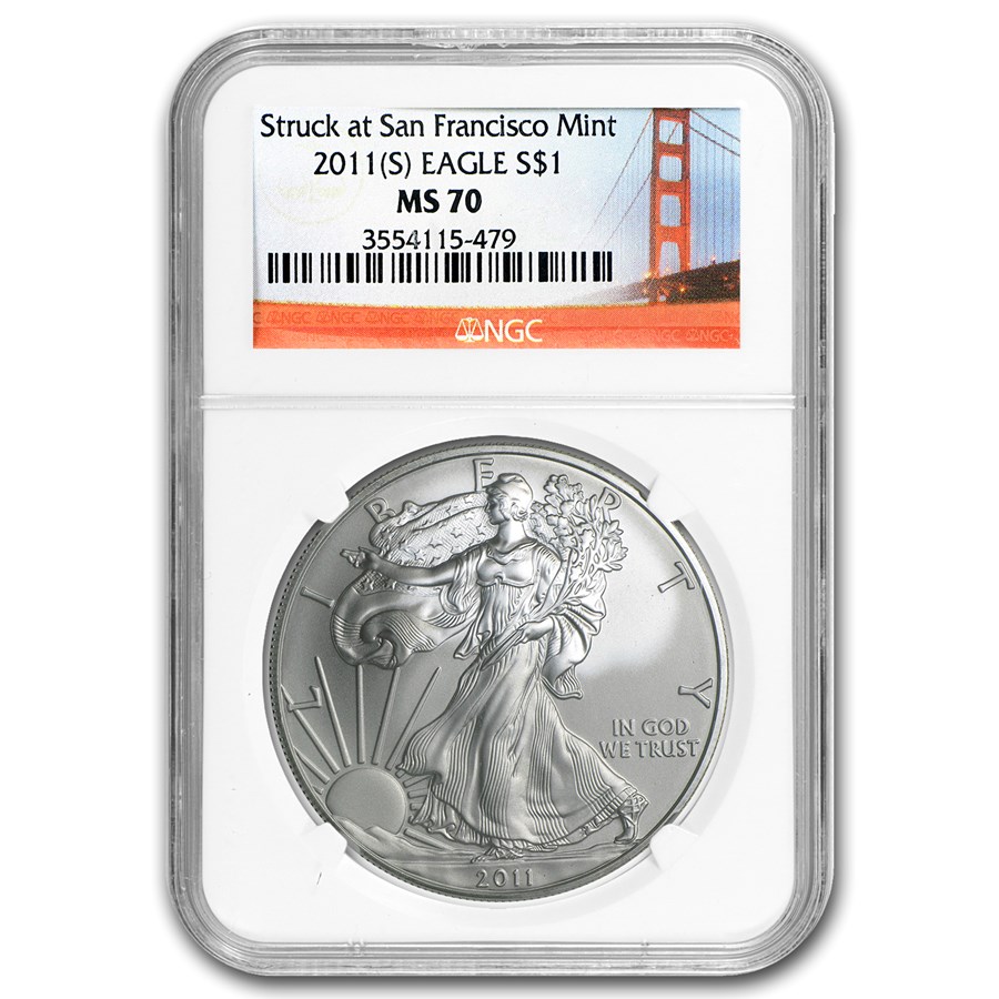 2011 (S) Silver Eagle MS-70 NGC (Golden Gate Bridge Label)