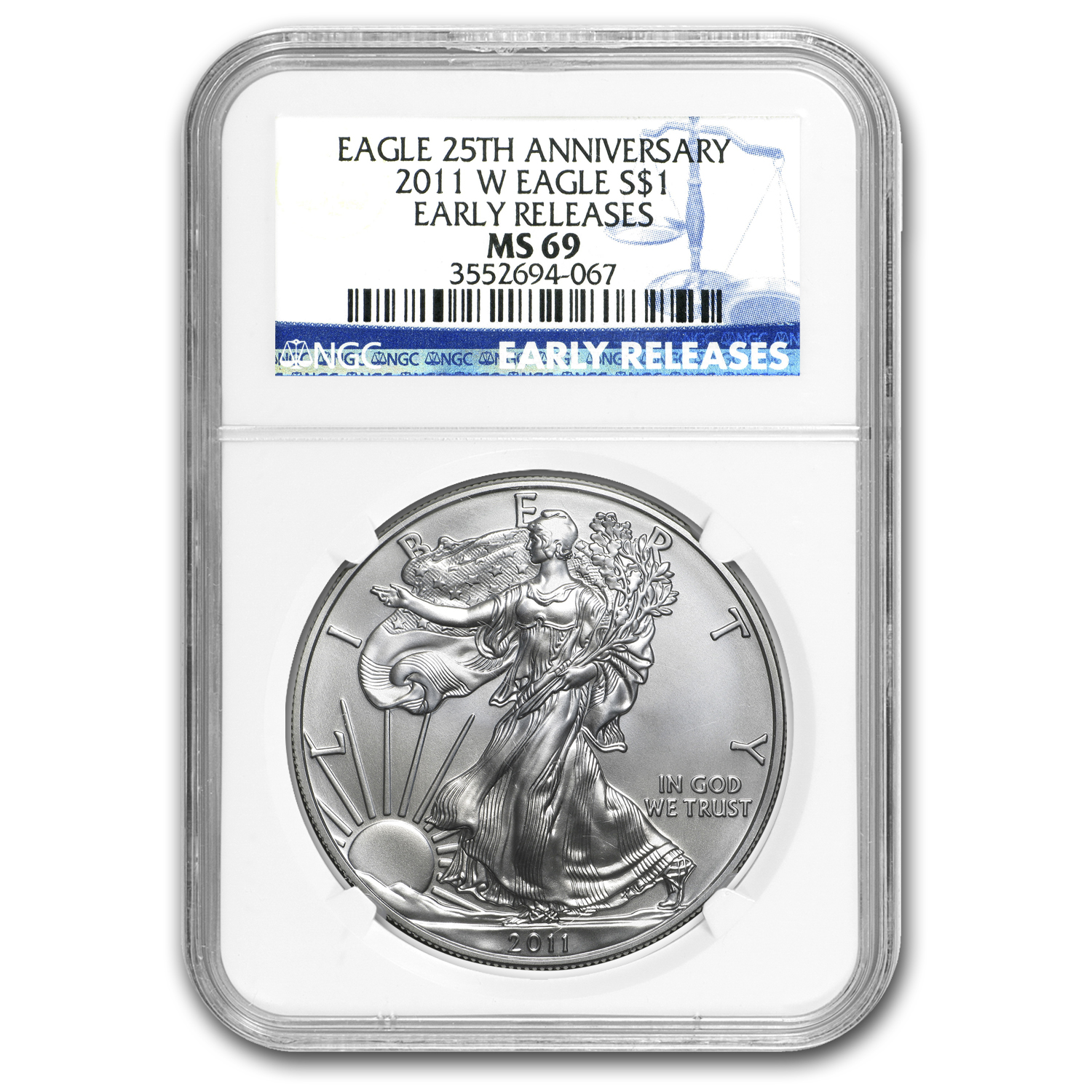 Details about   2011 AMERICAN SILVER EAGLE 25TH ANNIVERSARY NGC MS 69 EARLY RELEASES BLUE LABEL 