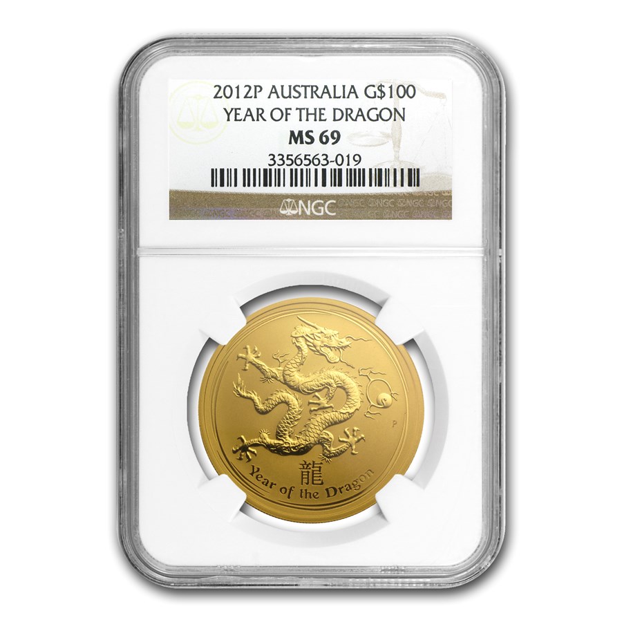 2012 1 oz Gold Lunar Year of the Dragon MS-69 NGC (SII)