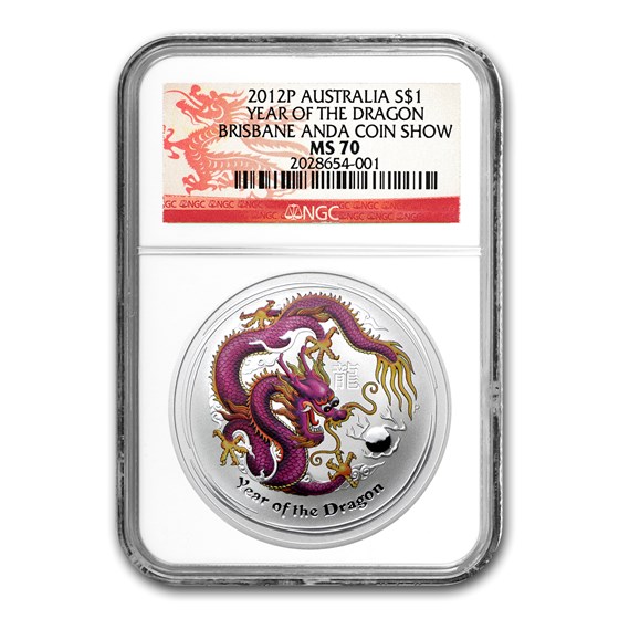 2012 AUS 1 oz Silver Purple Dragon MS-70 NGC (ANDA, Brisbane) 2012 AUS 1 oz Silver Purple Dragon MS-70 NGC (ANDA, Brisbane)