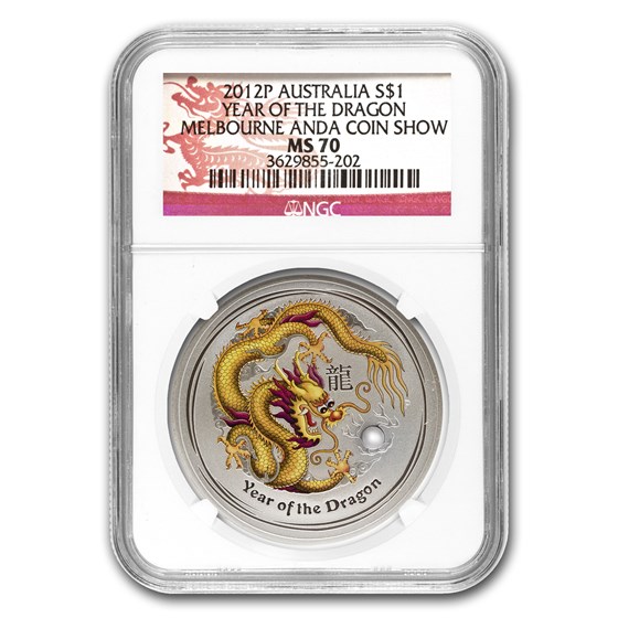 2012 AUS 1 oz Silver Yellow Dragon MS-70 NGC (ANDA, Melbourne) 2012 AUS 1 oz Silver Yellow Dragon MS-70 NGC (ANDA, Melbourne)