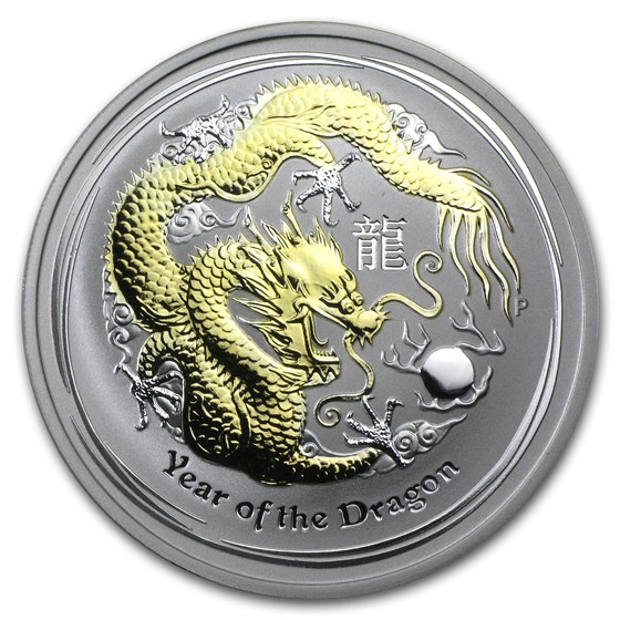 2012 Australia 1 oz Silver Dragon BU (Gilded, w/Box & COA)