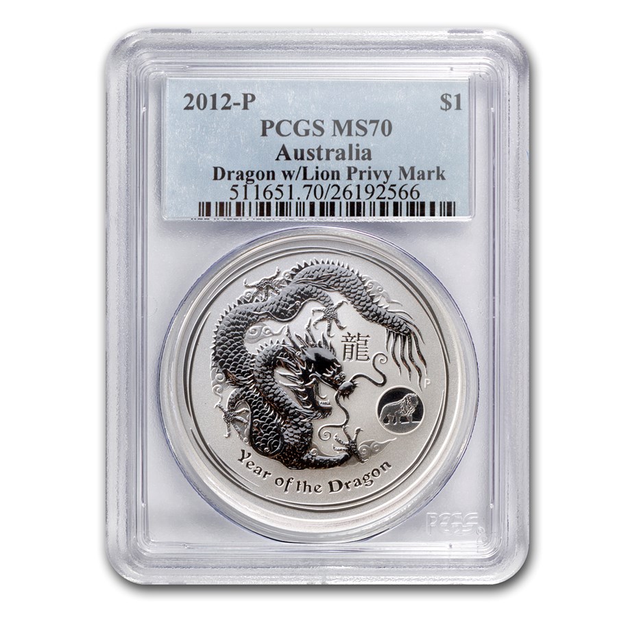 2012 Australia 1 oz Silver Dragon MS-70 PCGS (Lion Privy)