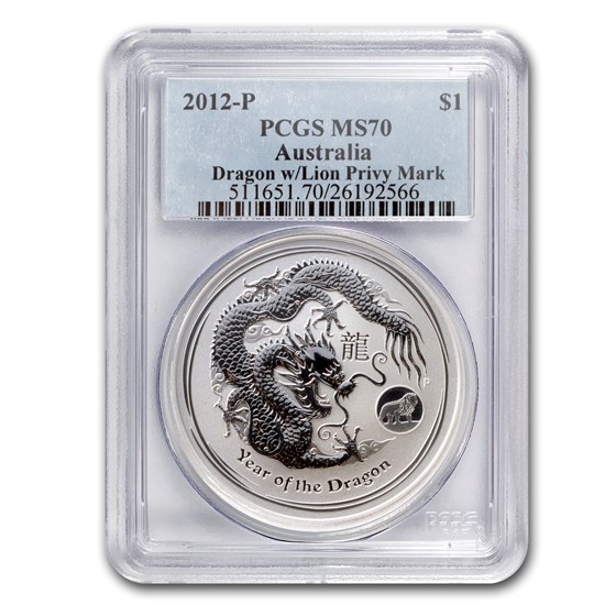 2012 Australia 1 oz Silver Dragon MS-70 PCGS (Lion Privy) 2012 Australia 1 oz Silver Dragon MS-70 PCGS (Lion Privy)
