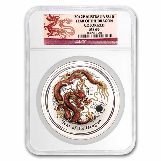 2012 Australia 10 oz Silver Colorized Dragon MS-69 NGC