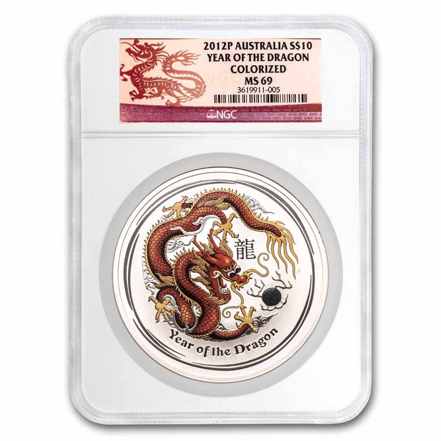 2012 Australia 10 oz Silver Colorized Dragon MS-69 NGC