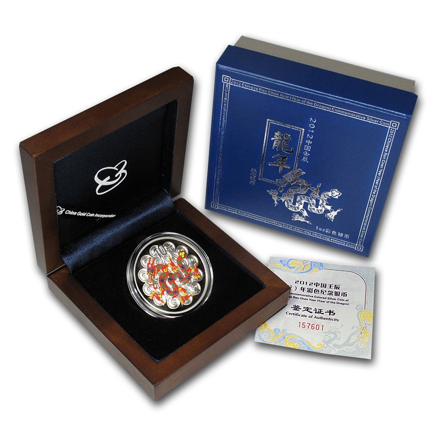 2012 China 1 oz Silver Dragon Proof (Colorized, w/Box & COA)