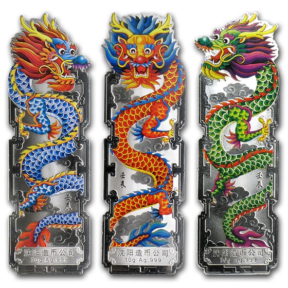 2012 China 5-Bar 10 gram Silver Dragon Set (Colorized, w/o Box) 2012 China 5-Bar 10 gram Silver Dragon Set (Colorized, w/o Box)