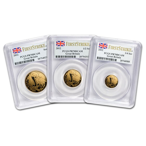 2012 Great Britain 3-Coin Gold Sovereign Set PR-70 PCGS (FS) 2012 Great Britain 3-Coin Gold Sovereign Set PR-70 PCGS (FS)