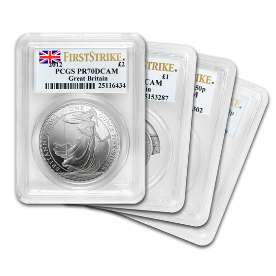 2012 Great Britain 4-Coin Silver Britannia Set PR-70 PCGS (FS) 2012 Great Britain 4-Coin Silver Britannia Set PR-70 PCGS (FS)
