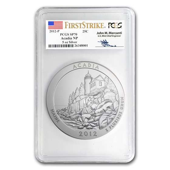 2012-P 5 oz Silver ATB Acadia SP-70 PCGS (FS, Mercanti Label)