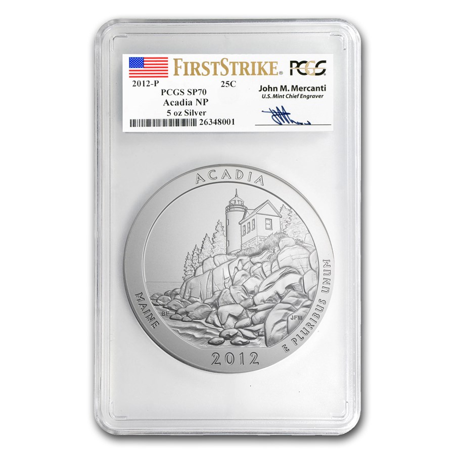 2012-P 5 oz Silver ATB Acadia SP-70 PCGS (FS, Mercanti Label)