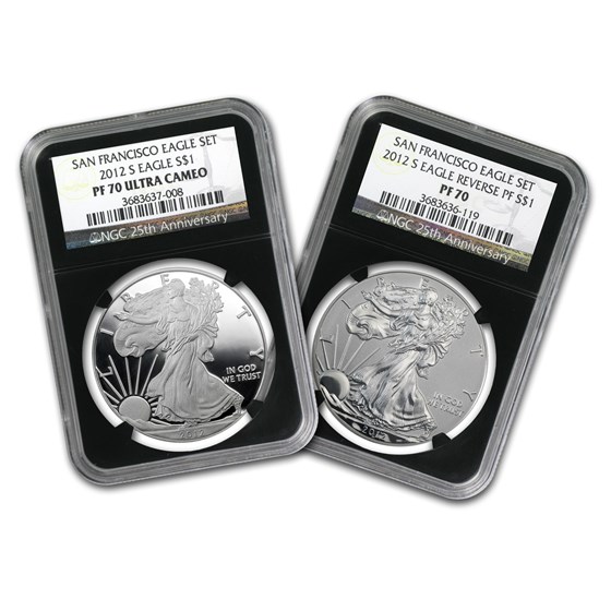 2012-S 2-Coin Silver Eagle Set PF-70 NGC (25th Anniv) 2012-S 2-Coin Silver Eagle Set PF-70 NGC (25th Anniv)