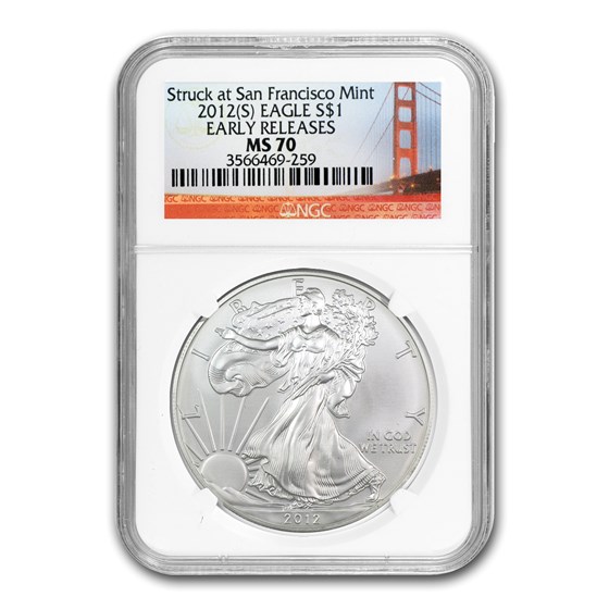 2012 (S) Silver Eagle MS-70 NGC (ER, Golden Gate Bridge)