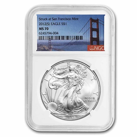 2012 (S) Silver Eagle MS-70 NGC (Golden Gate Bridge Label) 2012 (S) Silver Eagle MS-70 NGC (Golden Gate Bridge Label)
