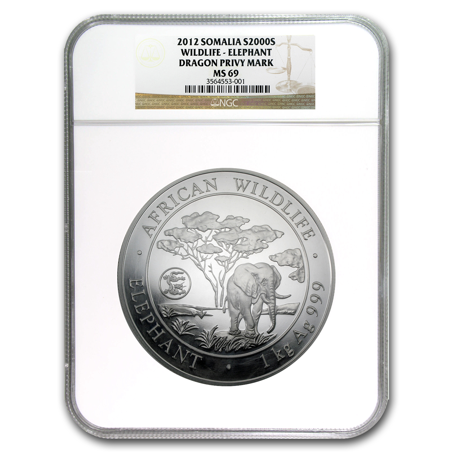 Buy 2012 Somalia 1 kilo Silver Elephant MS-69 NGC (Dragon Privy