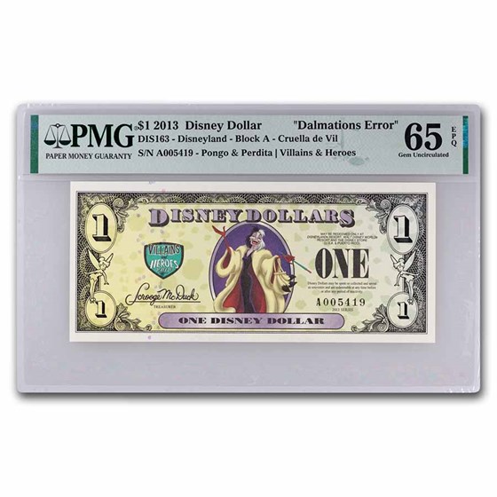 2013 $1.00 (A) Cruella CU-65 EPQ PMG (DIS#163) Dalmations Error! 2013 $1.00 (A) Cruella CU-65 EPQ PMG (DIS#163) Dalmations Error!