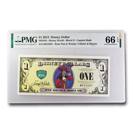 2013 $1.00 Disney Villains & Heroes Capt. Hook Gem CU-66 EPQ PMG