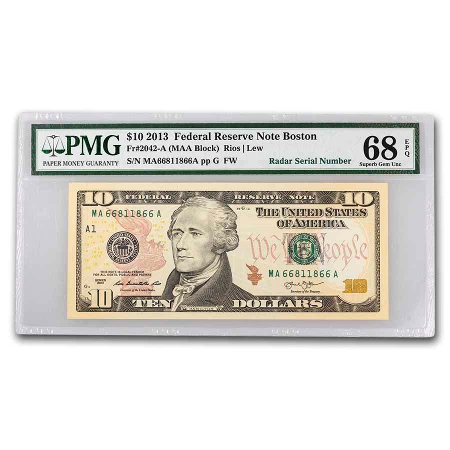 2013 $10 FRN (A-Boston) CU-68 EPQ PMG (Fr#2042-A) Radar Serial#