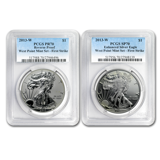 2013 2-Coin Silver Eagle Set MS/PR-70 PCGS (FS, West Point) 2013 2-Coin Silver Eagle Set MS/PR-70 PCGS (FS, West Point)