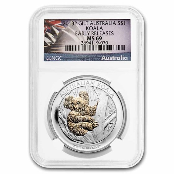 2013 Australia 1 oz Silver Koala MS-69 NGC (Gilded, ER)