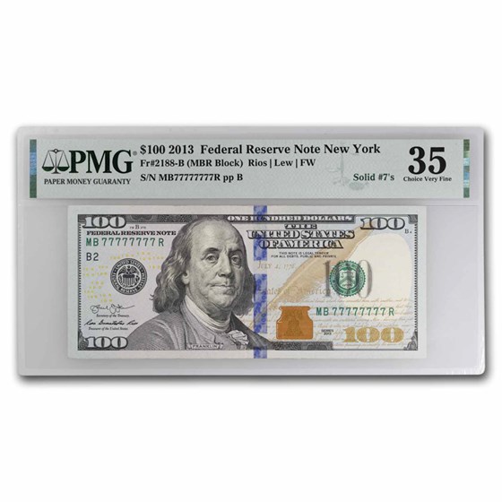 2013 (B-New York) $100 FRN VF-35 PMG (Fr#2188-B) Solid Serial 7's 2013 (B-New York) $100 FRN VF-35 PMG (Fr#2188-B) Solid Serial 7's