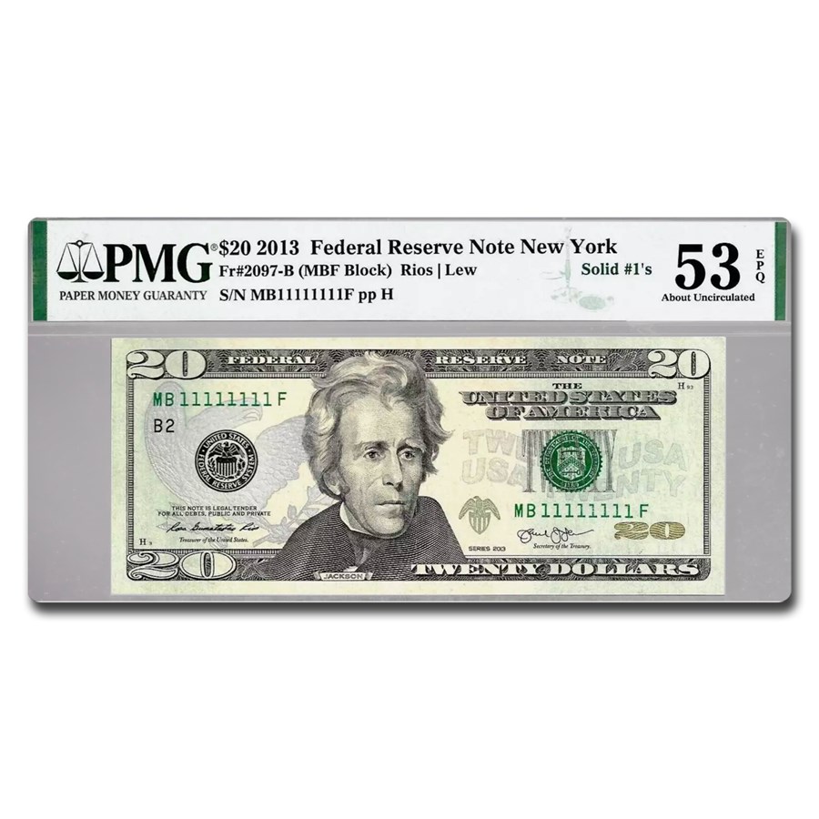 2013 (B-New York) $20 FRN AU53 EPQ PMG (Fr#2097B) Solid Serial #!