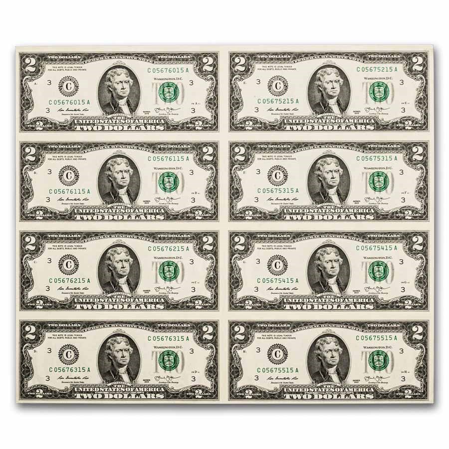 2013 (C-Philadelphia) $2 FRN CU (Fr#1940-C) 8 Note Uncut sheet