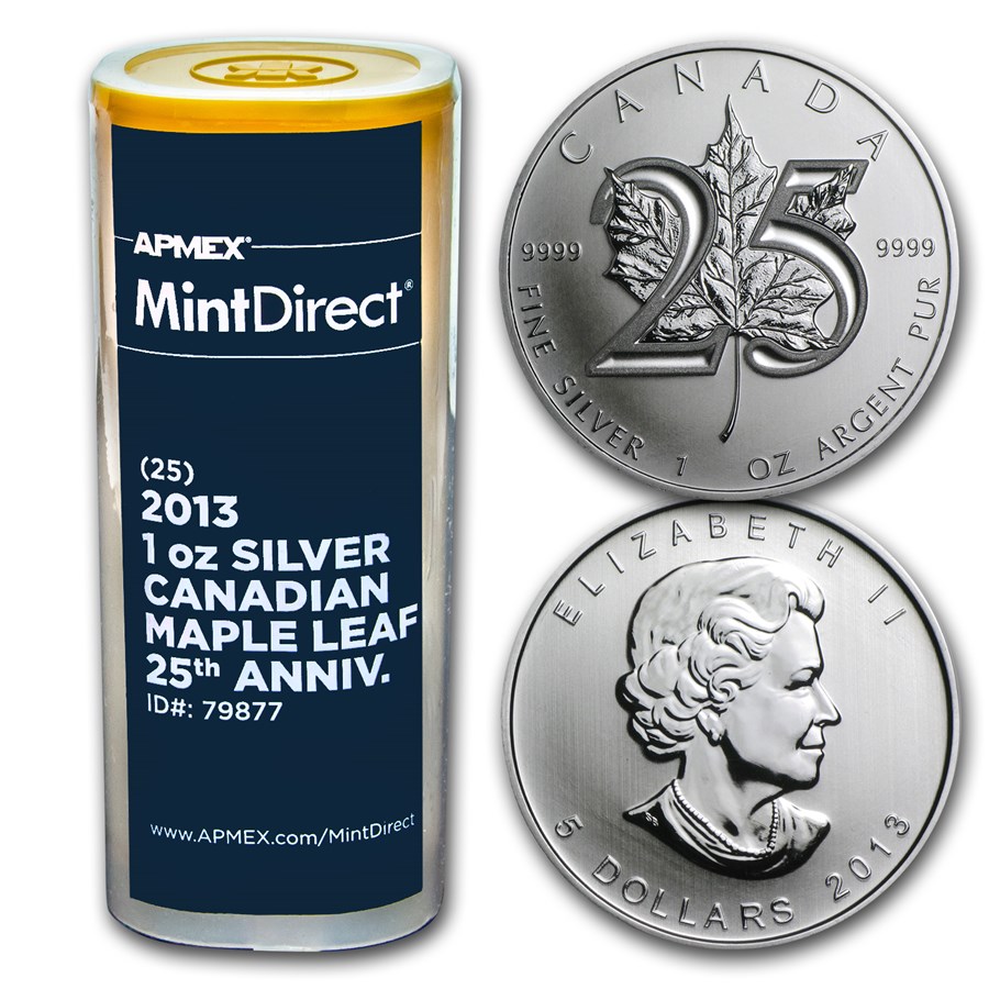 Buy 2013 CAN 1 oz Ag Maple Leaf 25th Anniv (25-Coin MintDirect® Tube