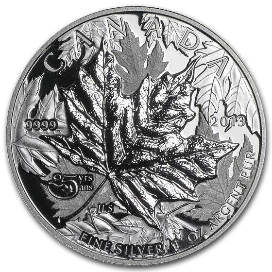 2013 Canada 1 oz Silver Maple Leaf (25th Anniv, HR, Piedfort) 2013 Canada 1 oz Silver Maple Leaf (25th Anniv, HR, Piedfort)